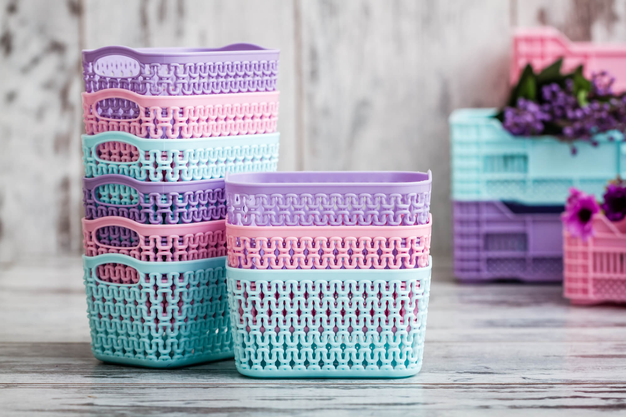 Lots of colorful baskets for use around the house