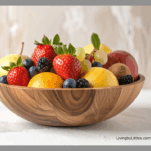A wooden bowl full of fresh fruits and vegetables