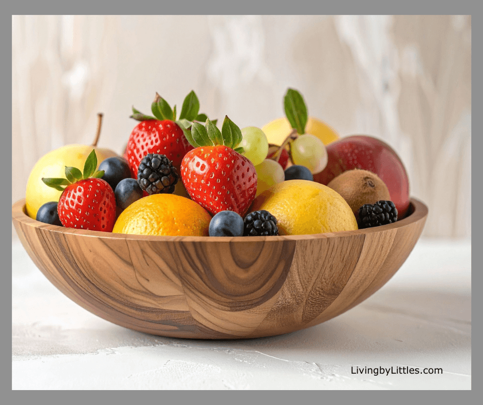 A wooden bowl full of fresh fruits and vegetables