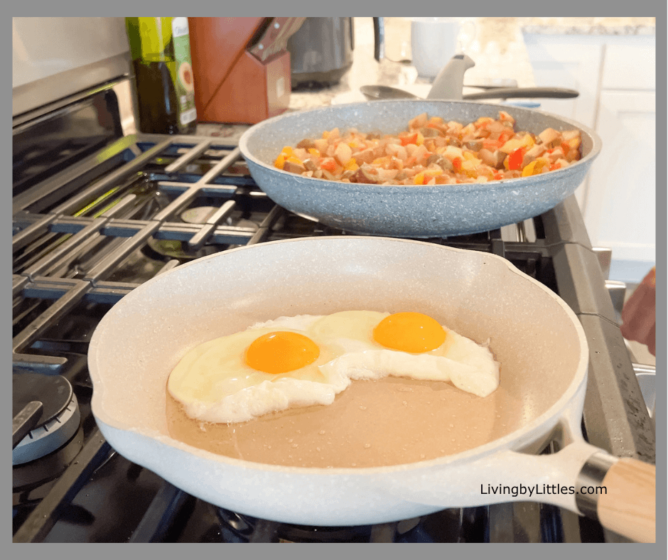 eggs in a ceramic skillet on the stove